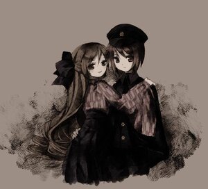 Rating: Safe Score: 0 Tags: 2girls bangs hair_ribbon hat image long_hair long_sleeves looking_at_viewer monochrome multiple_girls pair peaked_cap ribbon short_hair skirt smile souseiseki suiseiseki very_long_hair User: admin