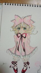 Rating: Safe Score: 0 Tags: 1girl artist_name blonde_hair bloomers blush bow dress frills full_body green_eyes hair_bow hina_ichigo hinaichigo image long_sleeves looking_at_viewer photo pink_bow pink_dress red_footwear shoes short_hair signature simple_background smile solo standing traditional_media underwear watercolor_(medium) User: admin
