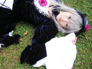 Rating: Safe Score: 0 Tags: 1girl black_dress choker dress flower gothic_lolita grass hairband lips lolita_fashion long_hair long_sleeves looking_at_viewer lying rose silver_hair solo suigintou User: admin