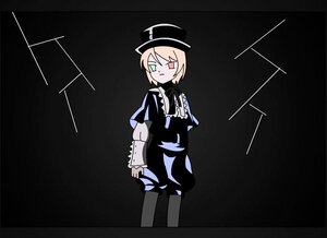 Rating: Safe Score: 0 Tags: 1girl black_background blonde_hair capelet character_name dress green_eyes hat image long_sleeves short_hair solo souseiseki User: admin