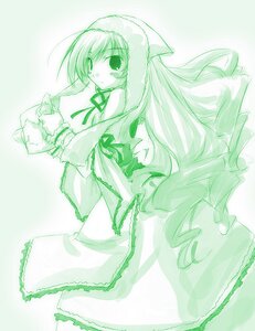 Rating: Safe Score: 0 Tags: 1girl dress green_theme hat image long_hair long_sleeves looking_at_viewer monochrome ribbon solo striped suiseiseki very_long_hair User: admin