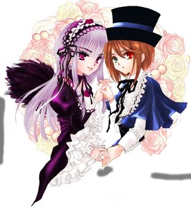 Rating: Safe Score: 0 Tags: 2girls brown_hair dress flower frills hairband hat holding_hands image interlocked_fingers long_hair long_sleeves looking_at_viewer multiple_girls pair pink_eyes red_eyes rose short_hair siblings silver_hair sisters smile souseiseki suigintou wings User: admin