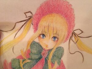 Rating: Safe Score: 0 Tags: 1girl bangs blonde_hair blue_eyes bonnet eyebrows_visible_through_hair flower image long_hair looking_at_viewer portrait shinku simple_background solo traditional_media User: admin