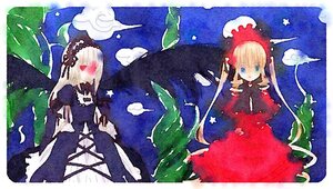 Rating: Safe Score: 0 Tags: 1girl blonde_hair blue_eyes bonnet bow cloud dress flower image long_hair long_sleeves looking_at_viewer pair shinku sky standing suigintou traditional_media very_long_hair User: admin