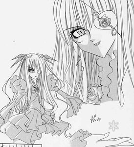 Rating: Safe Score: 0 Tags: 2girls barasuishou brooch dress eyepatch flower frills greyscale hair_over_one_eye image jewelry long_hair long_sleeves monochrome multiple_girls rose smile solo User: admin