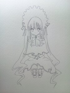 Rating: Safe Score: 0 Tags: 1girl capelet dress expressionless frills full_body greyscale image long_hair looking_at_viewer monochrome shinku sitting solo traditional_media very_long_hair User: admin