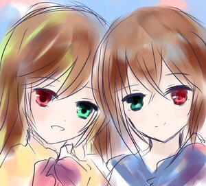 Rating: Safe Score: 0 Tags: 2girls blush bow brown_hair green_eyes hariruri heterochromia image long_hair multiple_girls open_mouth pair red_eyes short_hair siblings sisters smile souseiseki suiseiseki twins User: admin