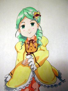 Rating: Safe Score: 0 Tags: 1girl bow dress drill_hair frills green_eyes green_hair image kanaria long_sleeves ribbon solo traditional_media twin_drills yellow_dress User: admin