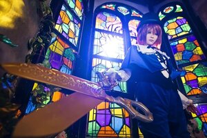 Rating: Safe Score: 0 Tags: 1girl blue_eyes blurry dress hair_over_one_eye purple_hair solo souseiseki stained_glass User: admin