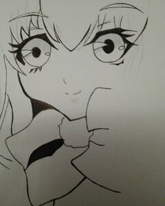 Rating: Safe Score: 0 Tags: 1girl :3 bangs blush blush_stickers closed_mouth eyebrows_visible_through_hair greyscale hair_between_eyes image long_hair looking_at_viewer monochrome shinku simple_background smile solo traditional_media User: admin