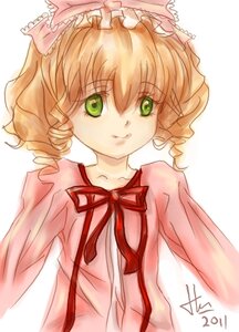Rating: Safe Score: 0 Tags: 1girl artist_name bow drill_hair eyebrows_visible_through_hair frills green_eyes hina_ichigo hinaichigo image long_sleeves looking_at_viewer pink_bow pink_shirt red_ribbon ribbon simple_background solo striped upper_body white_background User: admin