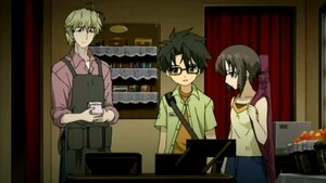 Rating: Safe Score: 0 Tags: 2boys apron black_eyes black_hair enju glasses human kashiwaba_tomoe multiple multiple_boys sakurada_jun screenshot shirt tagme User: admin