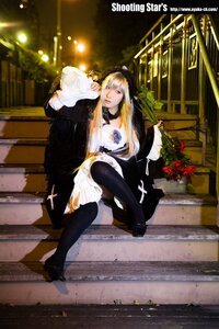 Rating: Safe Score: 0 Tags: 1girl bangs black_footwear black_legwear blonde_hair choker dress flower long_hair sitting solo stairs suigintou thighhighs User: admin