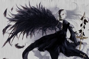 Rating: Safe Score: 0 Tags: 1girl black_wings dress feathers flower frills hairband holding holding_weapon image long_hair long_sleeves looking_at_viewer puffy_sleeves rose solo suigintou sword weapon wings User: admin