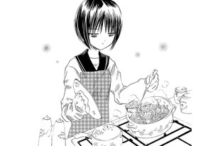 Rating: Safe Score: 0 Tags: 1girl apron food greyscale human image kashiwaba_tomoe long_sleeves monochrome plaid school_uniform serafuku short_hair skirt solo User: admin