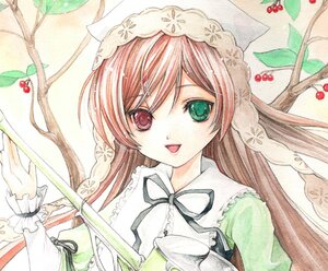 Rating: Safe Score: 0 Tags: 1girl brown_hair food frills fruit grapes green_eyes hat heterochromia image long_hair long_sleeves looking_at_viewer marker_(medium) open_mouth pink_hair plant red_eyes ribbon smile solo strawberry suiseiseki traditional_media upper_body User: admin