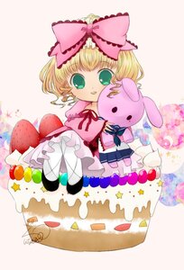 Rating: Safe Score: 0 Tags: 1girl blonde_hair bow cake chibi dress food fruit green_eyes hina_ichigo hinaichigo image jewelry pantyhose pink_bow short_hair smile solo strawberry striped striped_background stuffed_animal white_legwear User: admin