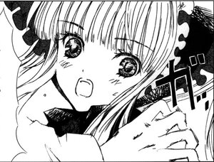 Rating: Safe Score: 0 Tags: 1girl bangs blush fang greyscale image long_hair monochrome open_mouth ribbon shinku solo sweat sweatdrop User: admin