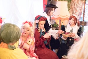 Rating: Safe Score: 0 Tags: 4girls blonde_hair blurry brown_hair closed_eyes depth_of_field dog dress flower food hat long_hair multiple_boys multiple_cosplay multiple_girls tagme top_hat User: admin