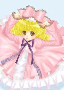 Rating: Safe Score: 0 Tags: 1girl bangs blonde_hair bow dress frills hinaichigo image long_sleeves looking_at_viewer lying pink_bow pink_dress solo User: admin