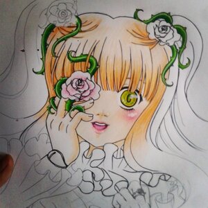 Rating: Safe Score: 0 Tags: 1girl bangs flower frills green_eyes hair_flower hair_ornament image kirakishou long_hair orange_hair rose solo thorns traditional_media white_flower white_rose yellow_rose User: admin
