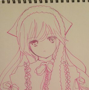 Rating: Safe Score: 0 Tags: 1girl :o bangs bow braid eyebrows_visible_through_hair image long_hair looking_at_viewer monochrome photo puffy_short_sleeves puffy_sleeves shikishi simple_background solo suiseiseki traditional_media upper_body User: admin
