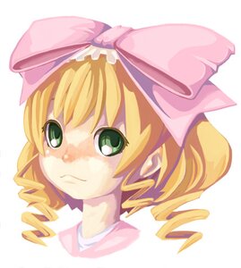 Rating: Safe Score: 0 Tags: 1girl blonde_hair blush bow drill_hair green_eyes hair_bow hina_ichigo hinaichigo image looking_at_viewer pink_bow portrait ringlets short_hair simple_background solo striped twin_drills white_background User: admin