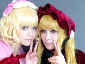 Rating: Safe Score: 0 Tags: bangs blonde_hair blue_eyes bow eyelashes finger_to_mouth hat lips looking_at_viewer multiple_cosplay multiple_girls nose portrait realistic ribbon short_hair smile tagme v User: admin