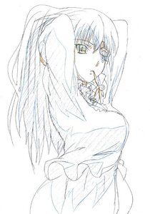 Rating: Safe Score: 0 Tags: 1girl adjusting_hair arms_up barasuishou dress image long_hair long_sleeves looking_at_viewer monochrome mouth_hold solo striped tying_hair User: admin
