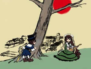Rating: Safe Score: 0 Tags: brown_hair dress hat head_scarf heterochromia image long_hair long_sleeves multiple_girls pair red_eyes souseiseki suiseiseki tree twins User: admin
