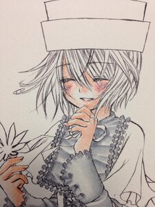 Rating: Safe Score: 0 Tags: 1girl blush frills image long_sleeves own_hands_together short_hair simple_background smile solo souseiseki traditional_media upper_body User: admin