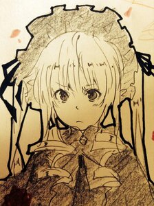 Rating: Safe Score: 0 Tags: 1girl bangs closed_mouth eyebrows_visible_through_hair frown hair_ribbon image long_hair looking_at_viewer maid_headdress monochrome photo ribbon shinku solo traditional_media upper_body User: admin