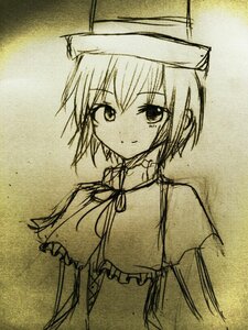 Rating: Safe Score: 0 Tags: 1girl auto_tagged closed_mouth eyebrows_visible_through_hair hat image looking_at_viewer monochrome neck_ribbon ribbon short_hair smile solo souseiseki traditional_media upper_body User: admin