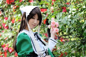 Rating: Safe Score: 0 Tags: 1girl apron blurry blurry_background blurry_foreground brown_eyes brown_hair depth_of_field dress flower garden lips long_hair long_sleeves plant red_flower solo suiseiseki upper_body User: admin