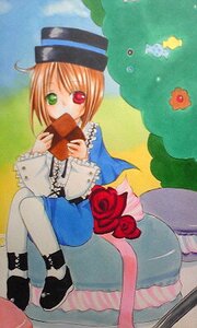 Rating: Safe Score: 0 Tags: 1girl blue_dress book dress flower frills green_eyes hat heterochromia image long_sleeves looking_at_viewer pantyhose red_eyes rose short_hair solo souseiseki top_hat User: admin