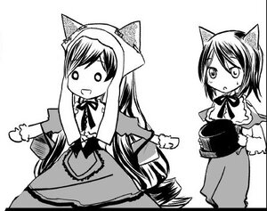 Rating: Safe Score: 0 Tags: 2girls animal_ears blush cat_ears chibi dress greyscale image imaizumi_kagerou long_hair long_sleeves monochrome multiple_girls neck_ribbon open_mouth pair ribbon simple_background souseiseki suiseiseki sweatdrop white_background wolf_ears User: admin