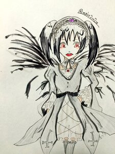Rating: Safe Score: 0 Tags: 1girl black_hair blush dress frills hairband image lolita_hairband long_hair long_sleeves looking_at_viewer open_mouth red_eyes ribbon smile solo suigintou traditional_media twintails twitter_username wings User: admin