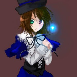 Rating: Safe Score: 0 Tags: 1girl :o blue_dress blush brown_hair capelet green_eyes hat heterochromia image long_sleeves looking_at_viewer ribbon short_hair simple_background solo souseiseki User: admin