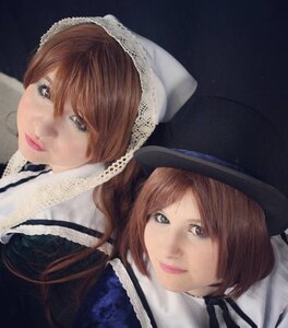 Rating: Safe Score: 0 Tags: 2girls 91076 bangs brown_hair closed_mouth eyelashes face hat lips looking_at_viewer multiple_cosplay multiple_girls realistic short_hair siblings sisters smile swept_bangs tagme twins User: admin