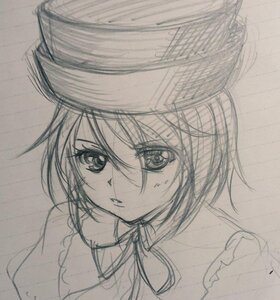 Rating: Safe Score: 0 Tags: 1girl eyebrows_visible_through_hair eyelashes frills graphite_(medium) greyscale hair_between_eyes image looking_at_viewer monochrome portrait short_hair sketch solo souseiseki traditional_media User: admin