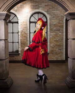 Rating: Safe Score: 0 Tags: 1girl black_footwear blonde_hair bonnet dress high_heels indoors long_hair long_sleeves looking_at_viewer pantyhose red_dress shinku shoes solo standing window User: admin