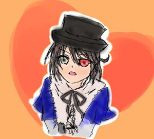 Rating: Safe Score: 0 Tags: blush capelet hat heterochromia image looking_at_viewer open_mouth orange_background outline red_eyes ribbon short_hair simple_background solo souseiseki upper_body User: admin