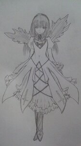Rating: Safe Score: 0 Tags: 1girl akemi_homura bow dress feathered_wings full_body graphite_(medium) greyscale image long_hair monochrome photo solo standing suigintou thighhighs traditional_media wings User: admin