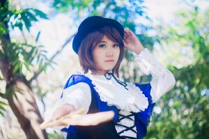 Rating: Safe Score: 0 Tags: 1girl blue_dress blue_headwear blurry blurry_foreground brooch brown_hair day depth_of_field dress flower hat lips long_sleeves looking_at_viewer outdoors short_hair solo souseiseki User: admin