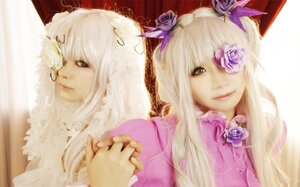 Rating: Safe Score: 0 Tags: 1boy 2girls blonde_hair eyepatch flower hair_ornament hands_clasped holding_hands interlocked_fingers lips long_hair looking_at_viewer multiple_cosplay multiple_girls own_hands_together pink_flower pink_rose purple_flower purple_rose rose tagme white_hair User: admin