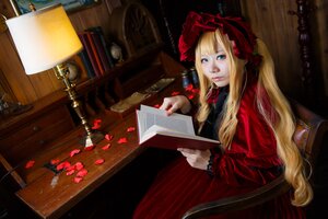 Rating: Safe Score: 0 Tags: 1girl blonde_hair blue_eyes book dress flower lips lolita_fashion long_hair petals realistic red_dress rose sheet_music shinku sitting solo User: admin
