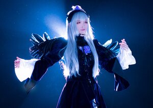Rating: Safe Score: 0 Tags: 1girl bangs black_dress blue_background blue_theme blunt_bangs bouquet dress holding long_hair long_sleeves nail_polish night plastic_bag sky solo suigintou white_hair User: admin
