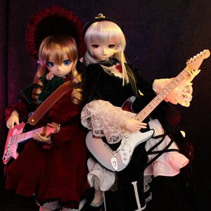 Rating: Safe Score: 0 Tags: 2girls acoustic_guitar album_cover amplifier_(instrument) bass_guitar black_background blonde_hair blue_eyes bonnet boots bow_(instrument) doll dress electric_guitar frills guitar hat holding_instrument instrument keyboard_(instrument) long_hair lute_(instrument) multiple_dolls multiple_girls music musical_note piano playing_instrument plectrum rose sheet_music shinku sitting tagme violin User: admin