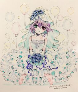 Rating: Safe Score: 0 Tags: 1girl bare_shoulders barefoot blue_flower blue_rose bouquet bridal_veil bride dress flower image m_putorius purple_hair rose short_hair solo souseiseki traditional_media veil wedding_dress User: admin