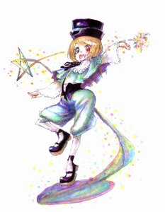Rating: Safe Score: 0 Tags: 1girl blonde_hair full_body hat heterochromia image long_sleeves open_mouth pants red_eyes short_hair smile solo souseiseki standing_on_one_leg star_(symbol) striped top_hat white_legwear User: admin